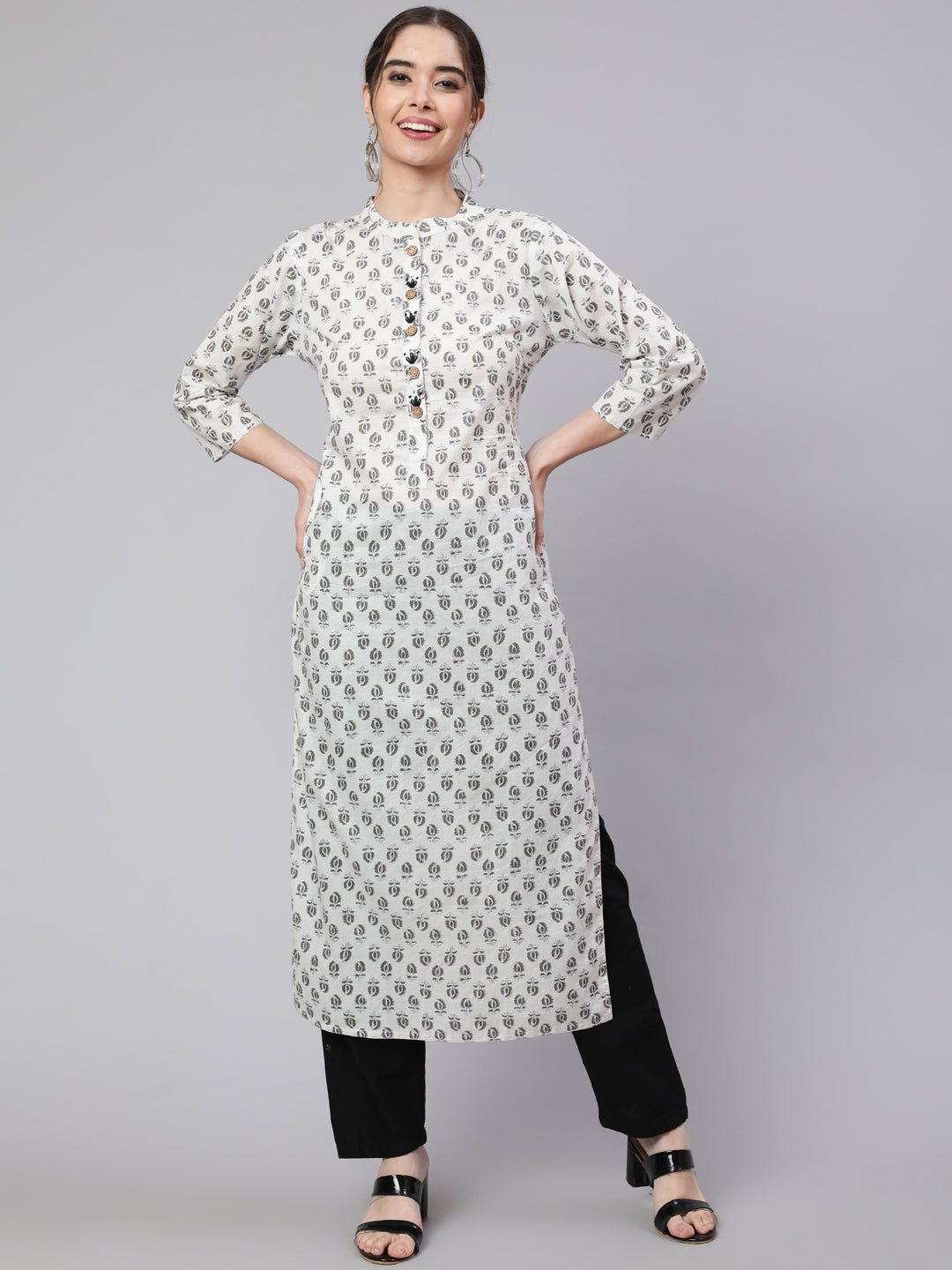 White & Grey Straight Fit Cotton Embroidered Kurta