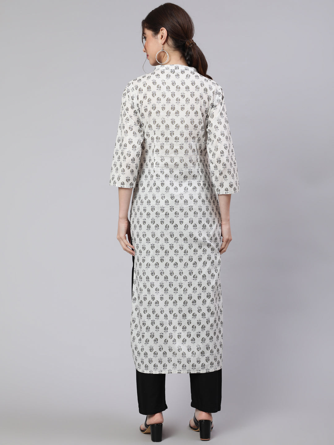 White & Grey Straight Fit Cotton Embroidered Kurta