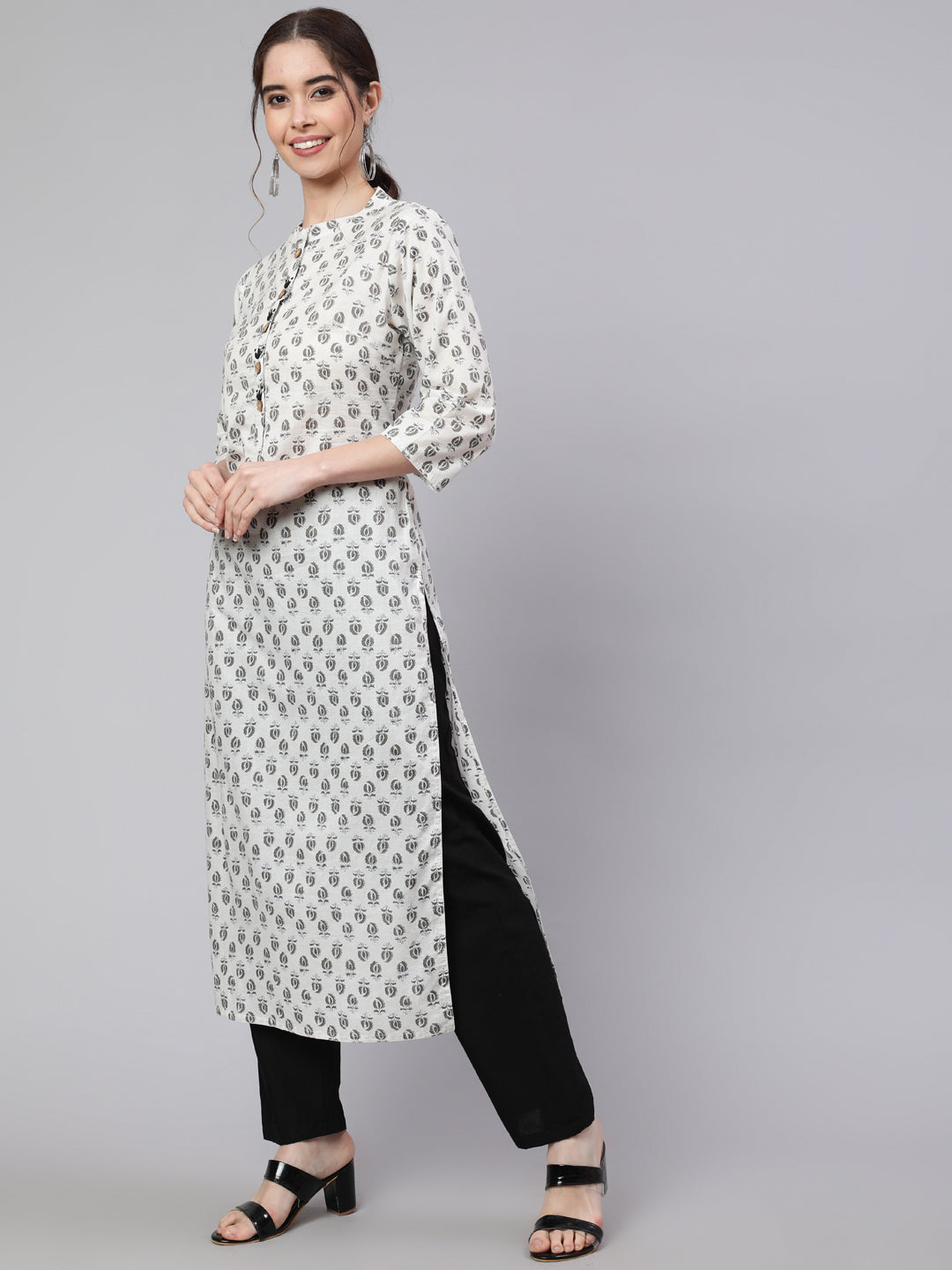 White & Grey Straight Fit Cotton Embroidered Kurta