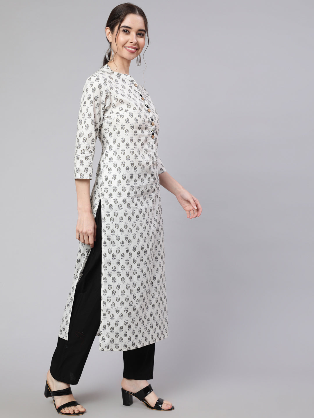 White & Grey Straight Fit Cotton Embroidered Kurta