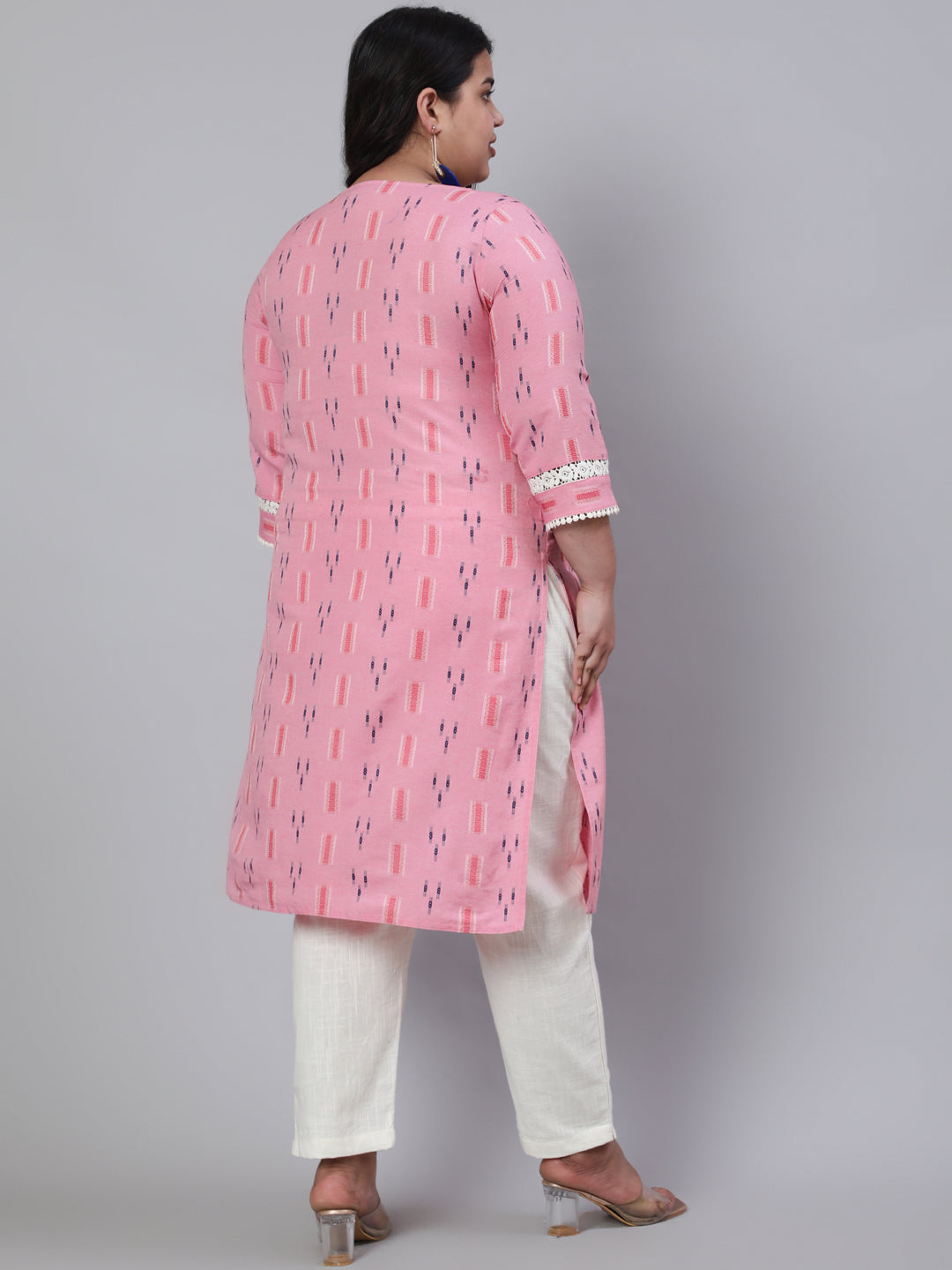 Pink Self Weaved Straight Kurta With Lace Detail