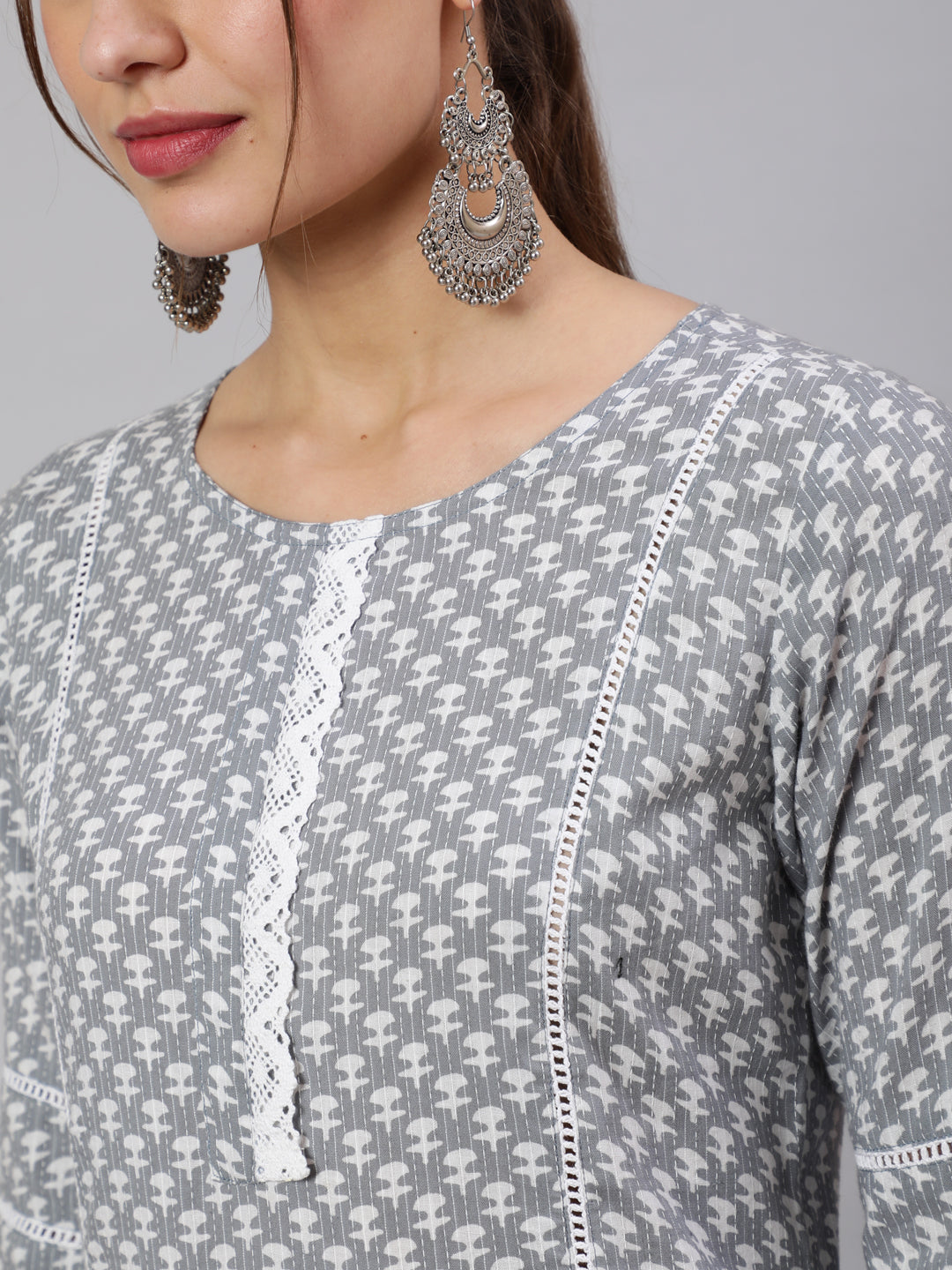 Grey Woven Kantha Printed Laced Straight Kurta