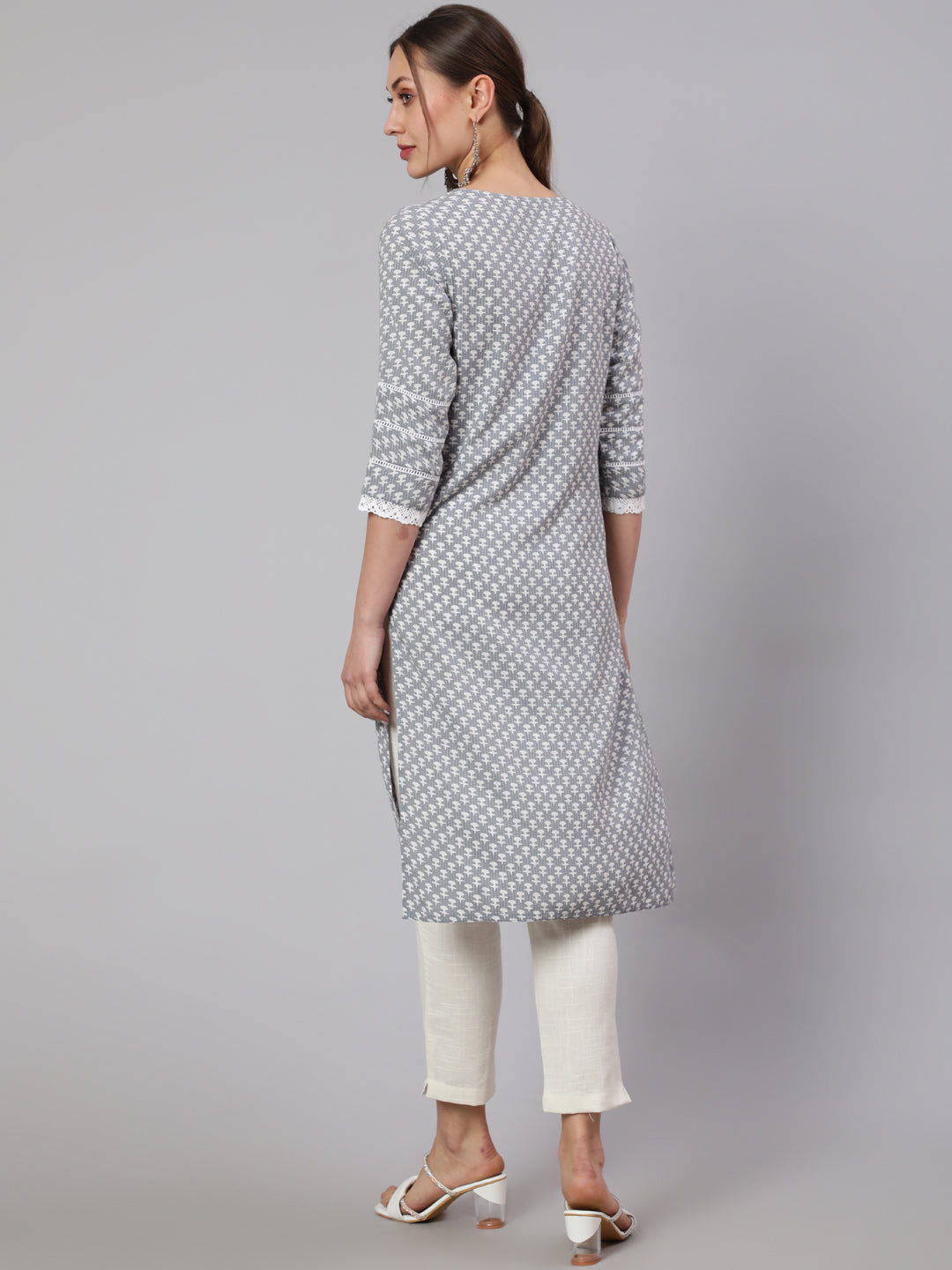 Grey Woven Kantha Printed Laced Straight Kurta