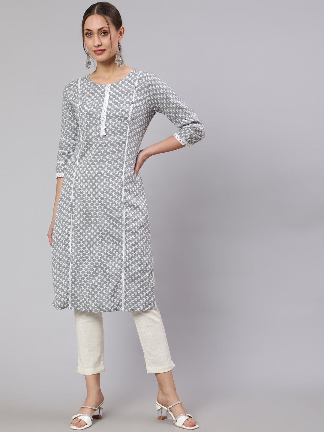 Grey Woven Kantha Printed Laced Straight Kurta