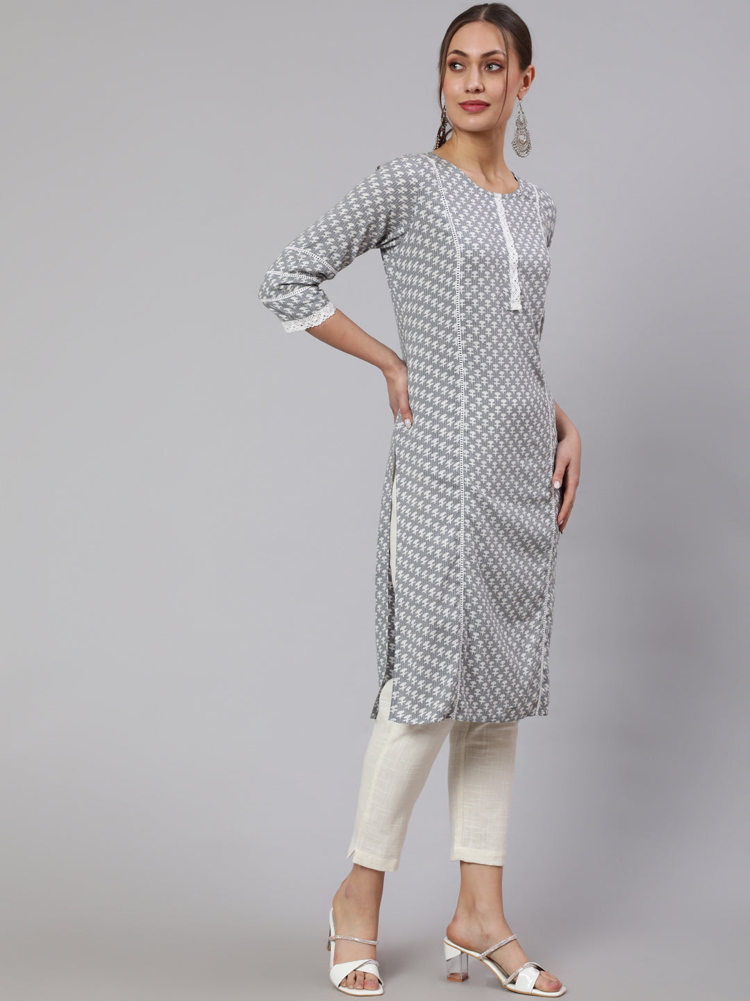 Grey Woven Kantha Printed Laced Straight Kurta