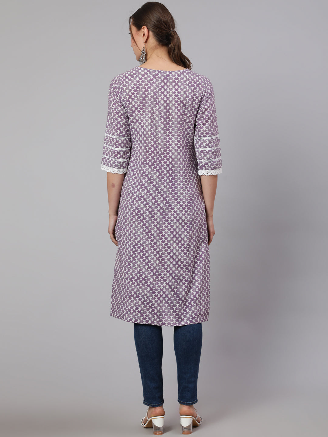Lavender Woven Kantha Printed Laced Straight Kurta