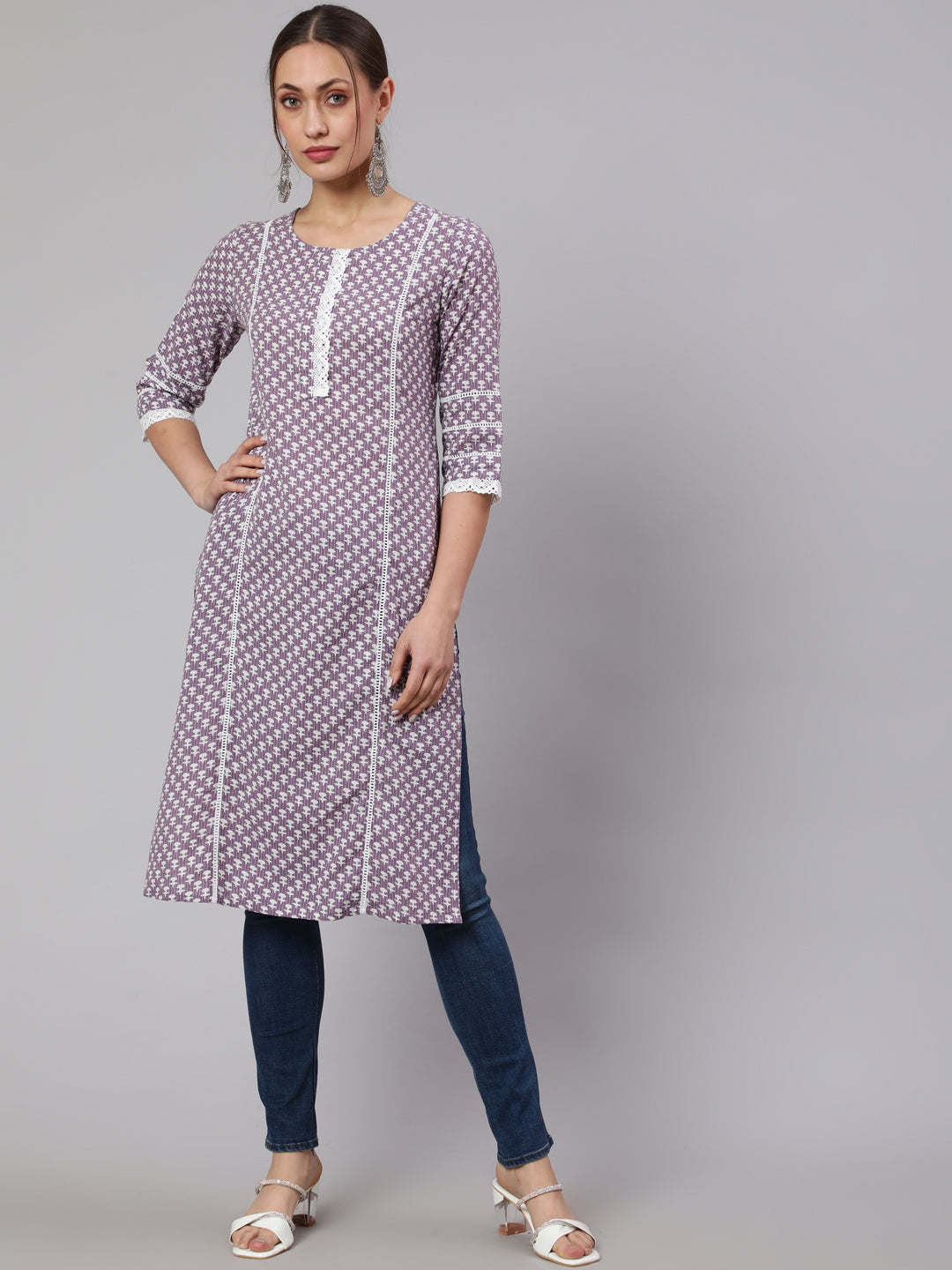 Lavender Woven Kantha Printed Laced Straight Kurta