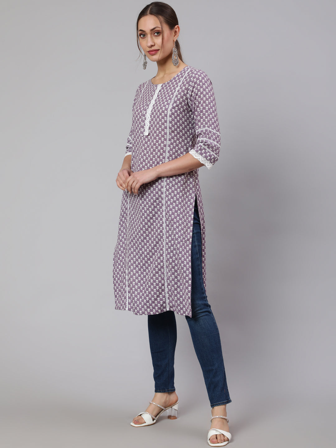 Lavender Woven Kantha Printed Laced Straight Kurta