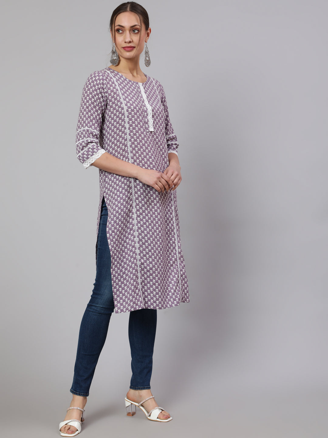 Lavender Woven Kantha Printed Laced Straight Kurta
