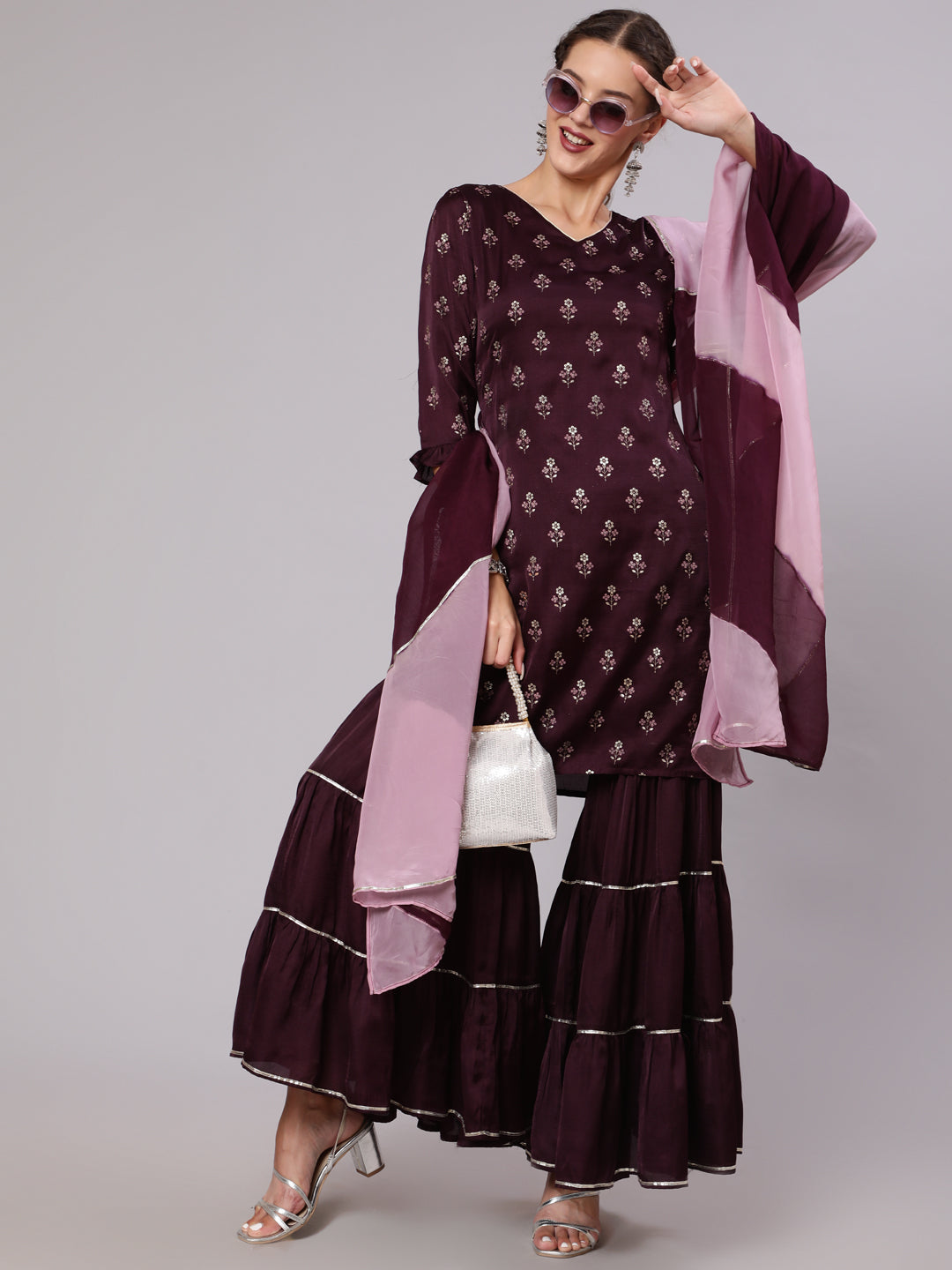 Wine Silk Printed Kurta With Sharara And Ombre Organza Dupatta