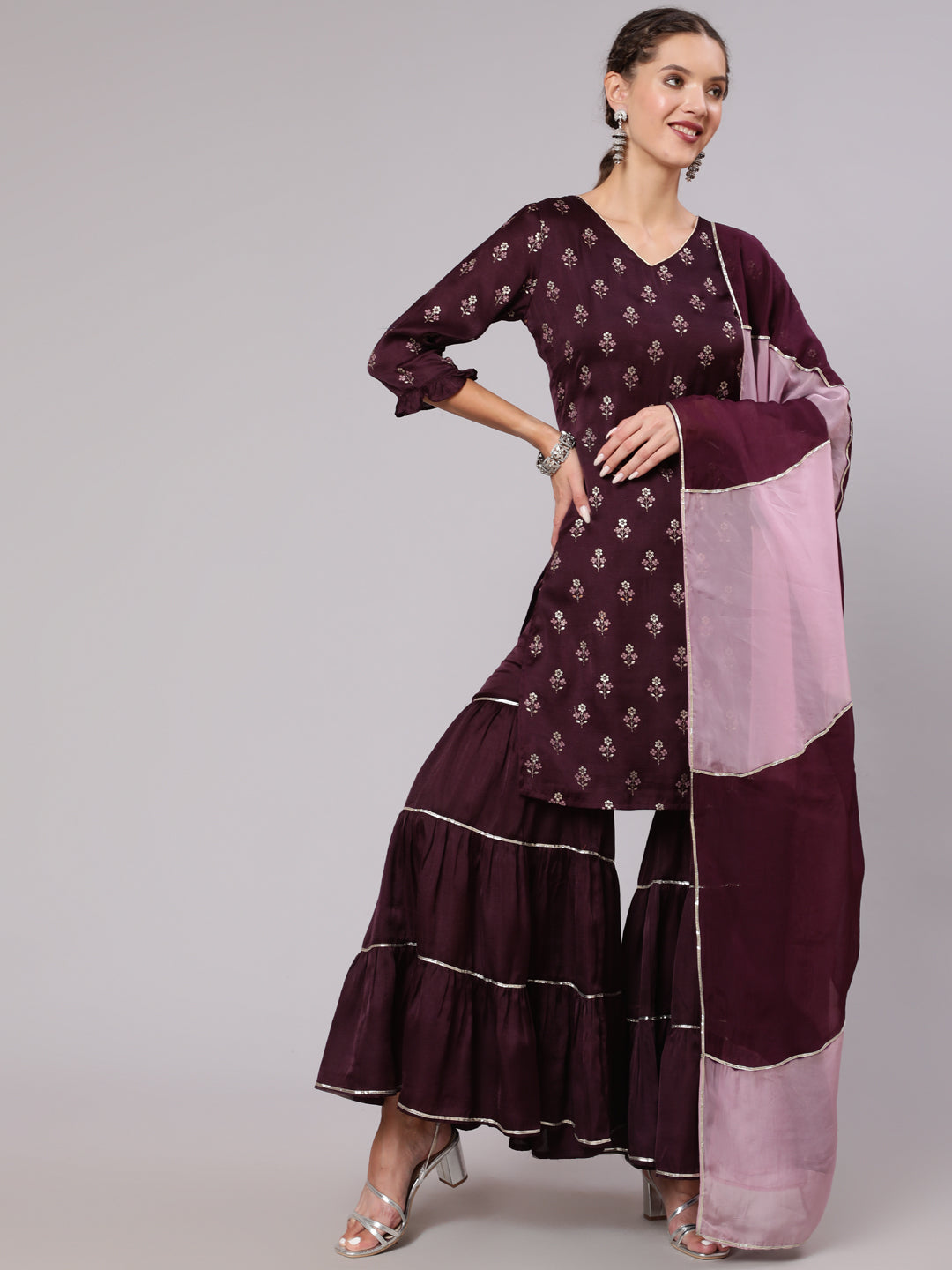 Wine Silk Printed Kurta With Sharara And Ombre Organza Dupatta