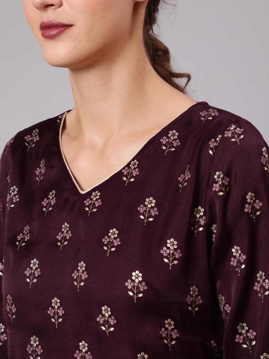 Wine Silk Printed Kurta With Sharara And Ombre Organza Dupatta