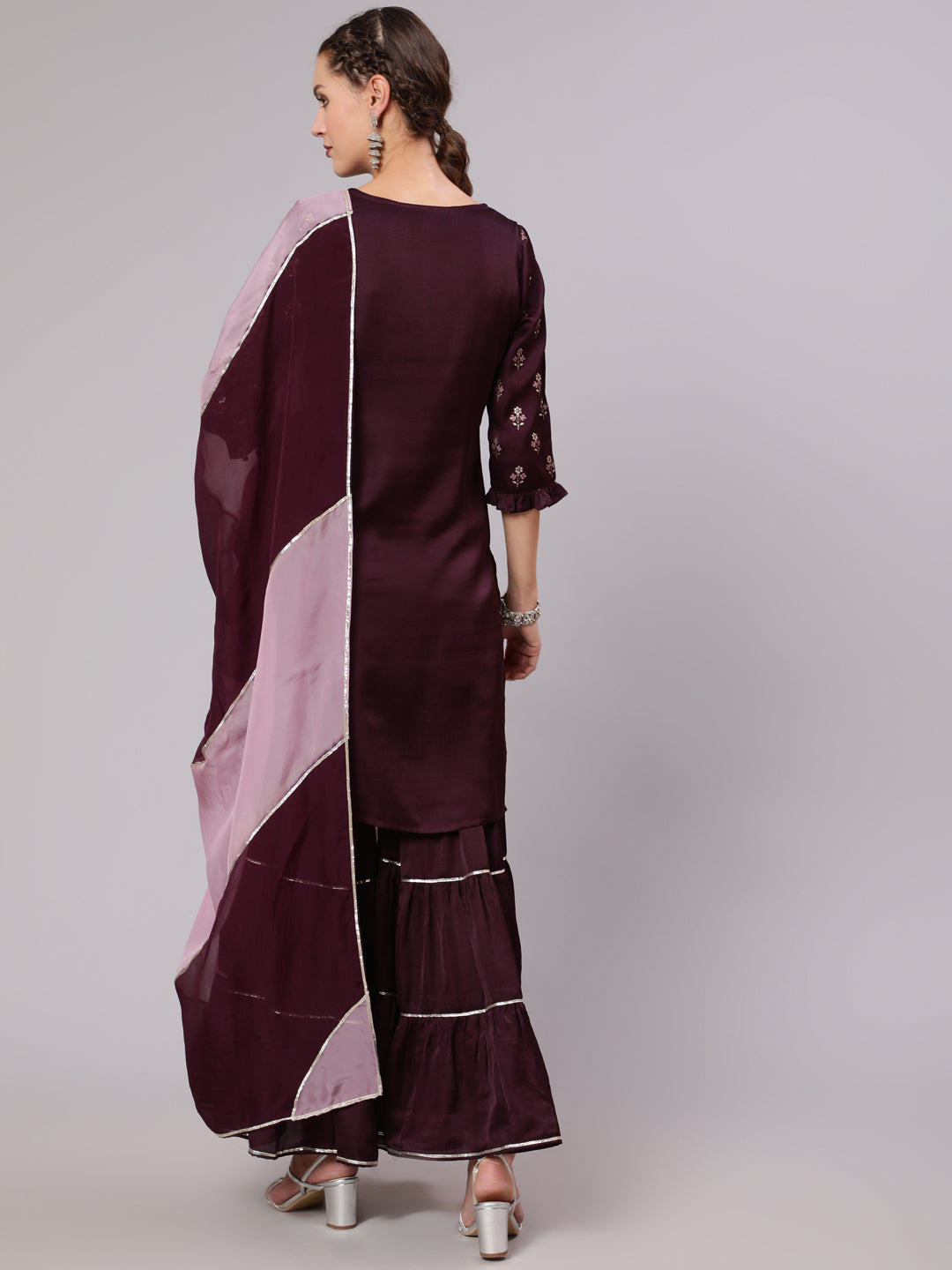 Wine Silk Printed Kurta With Sharara And Ombre Organza Dupatta