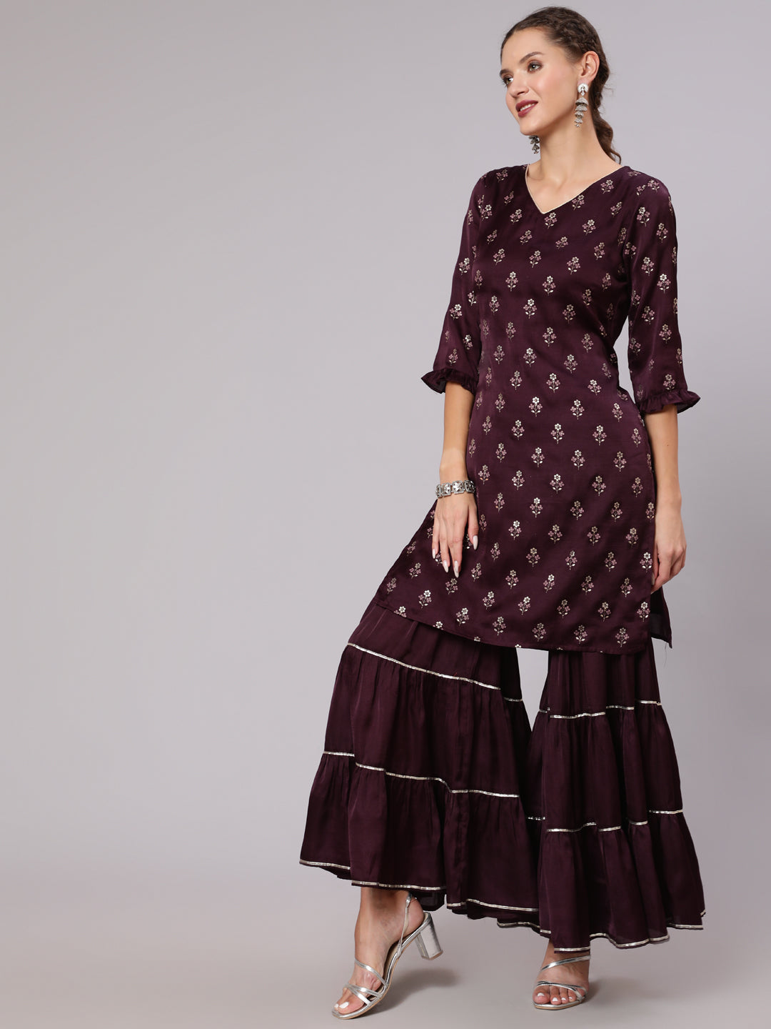 Wine Silk Printed Kurta With Sharara And Ombre Organza Dupatta