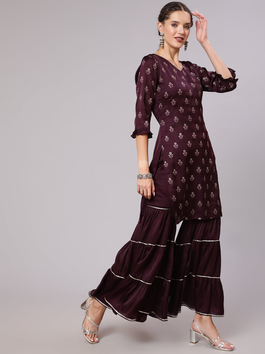 Wine Silk Printed Kurta With Sharara And Ombre Organza Dupatta