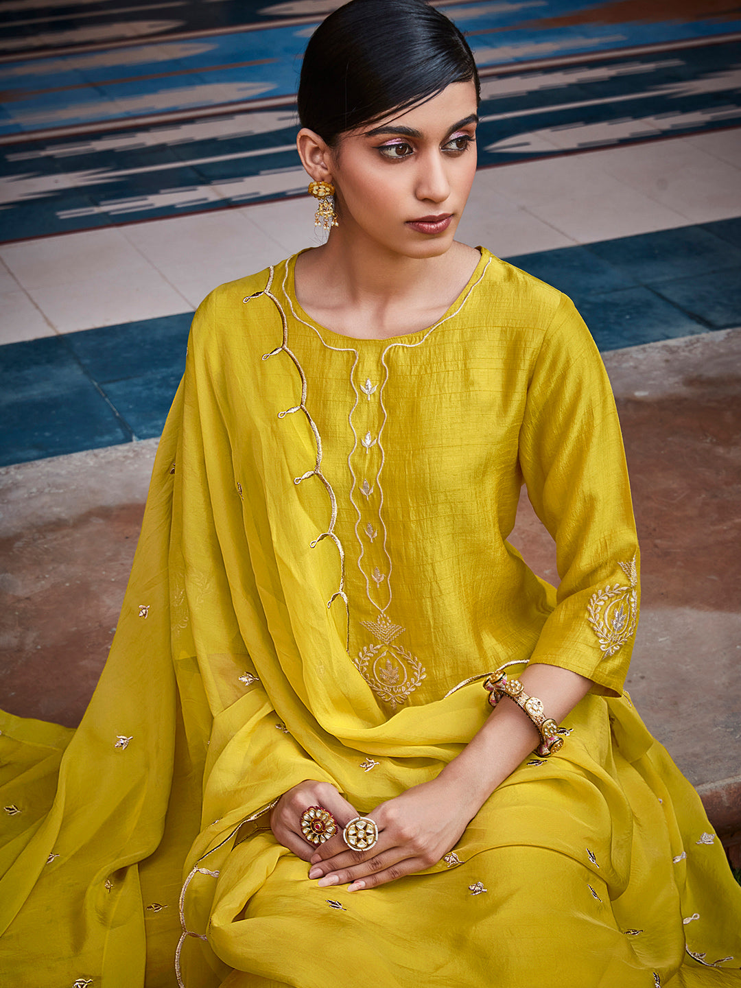 Mustard Straight Solid Embroidered Silk Kurta With Palazzo And Organza Dupatta
