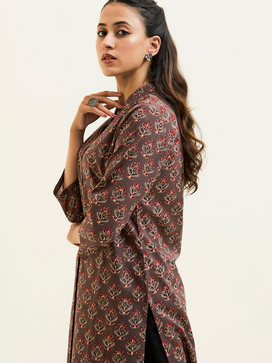 Sand Grey Ethnic Printed Short Kurta