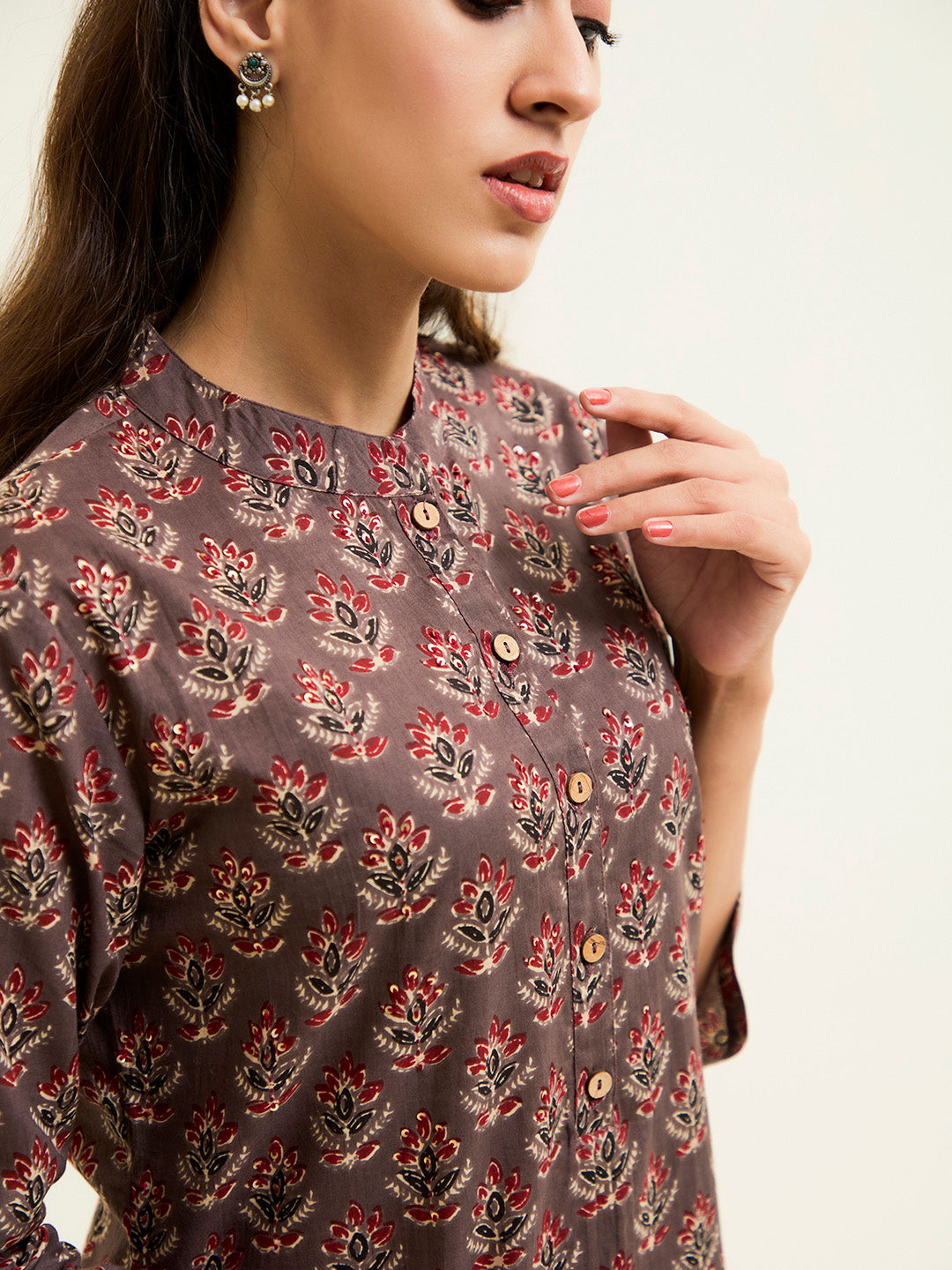 Sand Grey Ethnic Printed Short Kurta