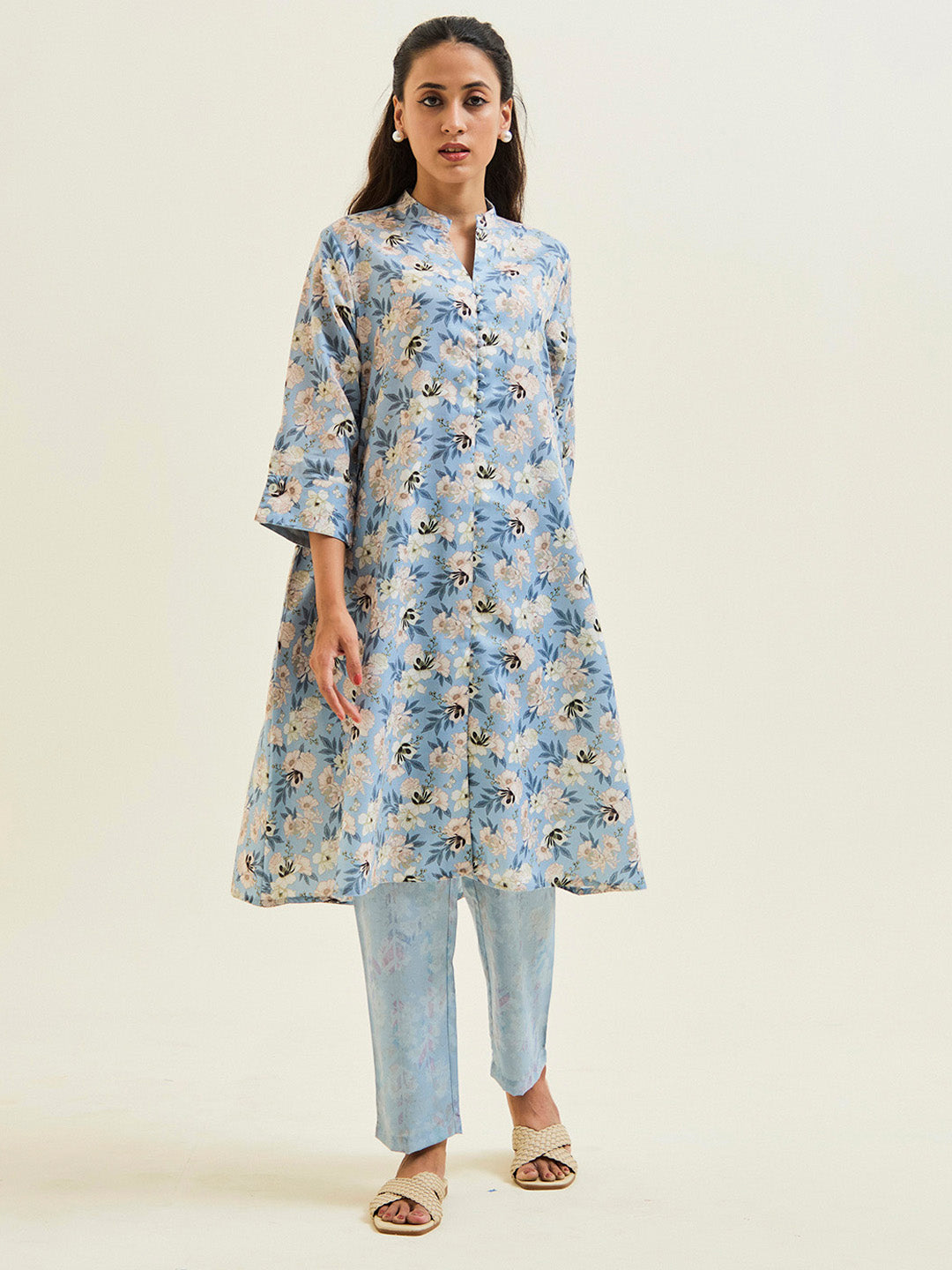 Blue A-line Floral Kurta With Pants