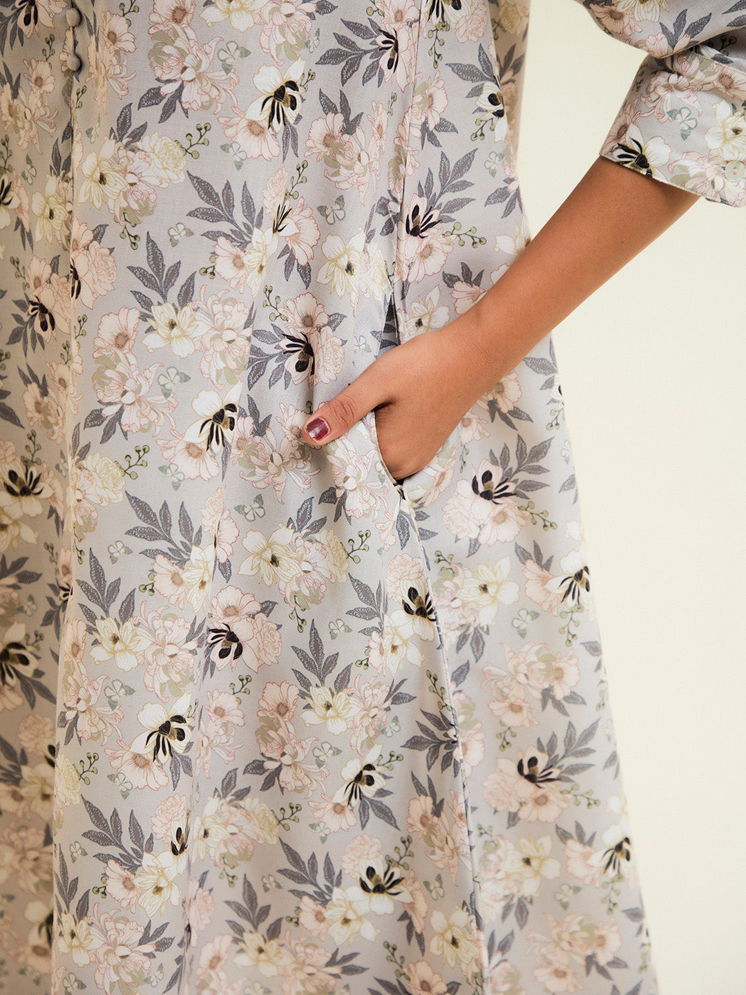 Sand Grey A-line Floral Kurta With Pants