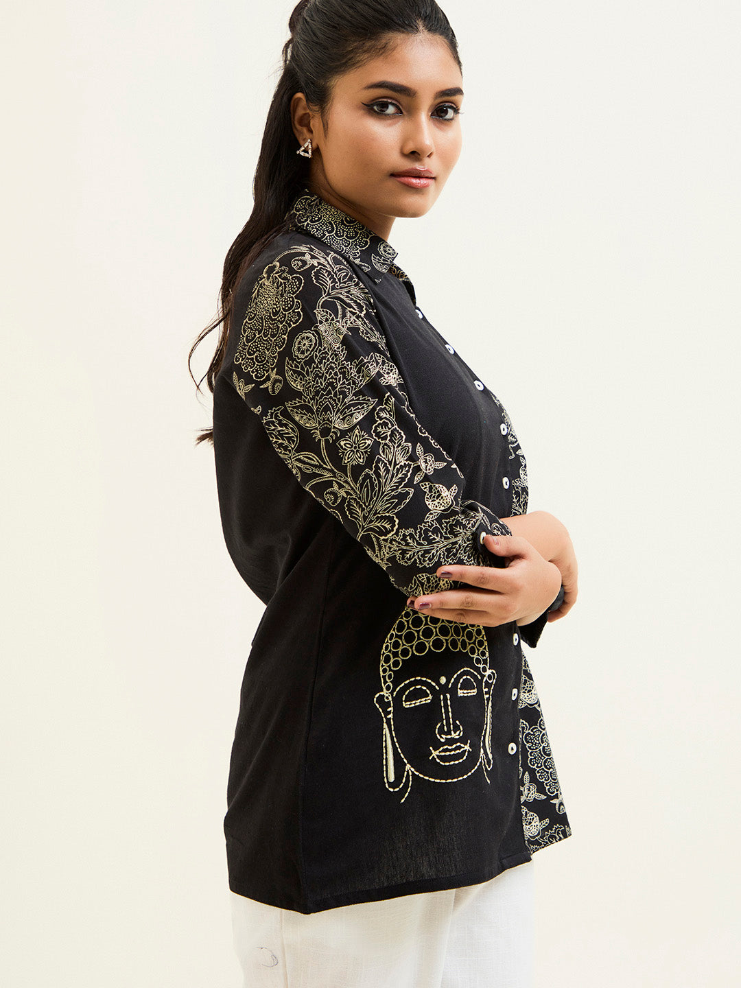 Buddha Embroidered Handblock Printed Overlapped Shirt