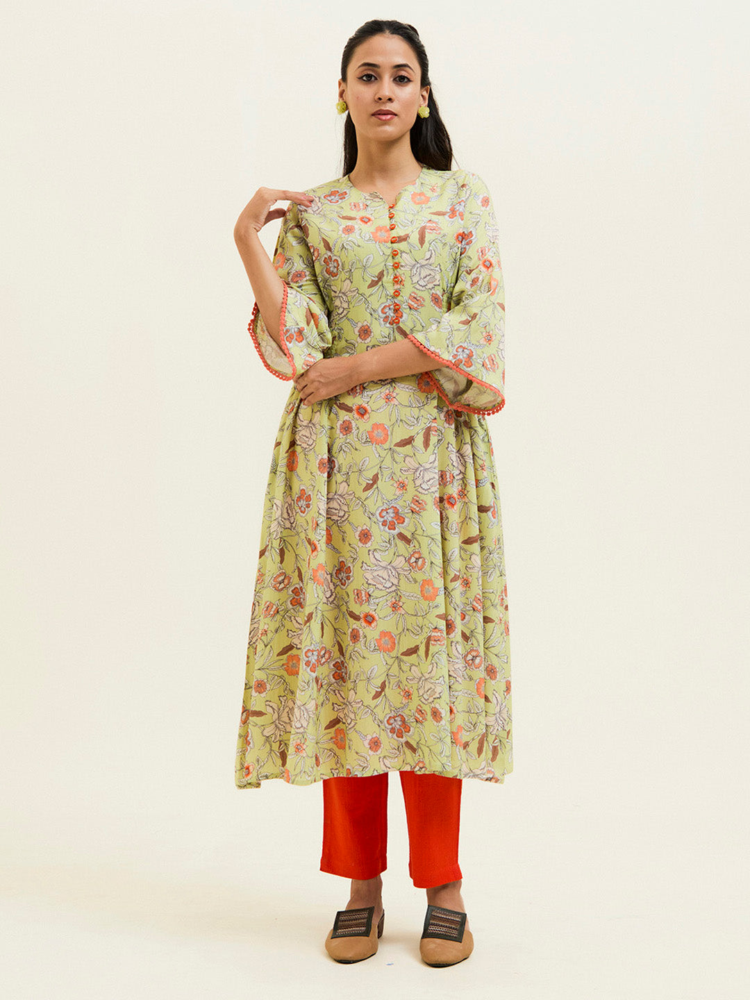 Lime Green Floral Flared Kurta