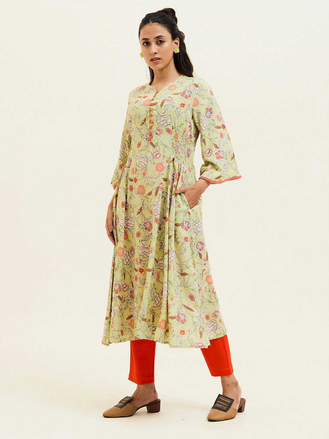 Lime Green Floral Flared Kurta