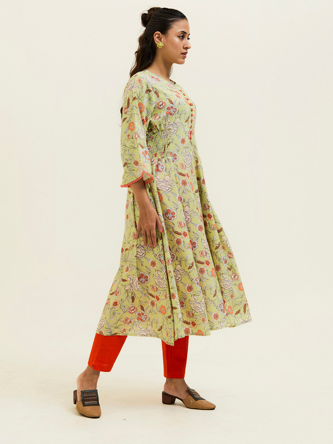 Lime Green Floral Flared Kurta