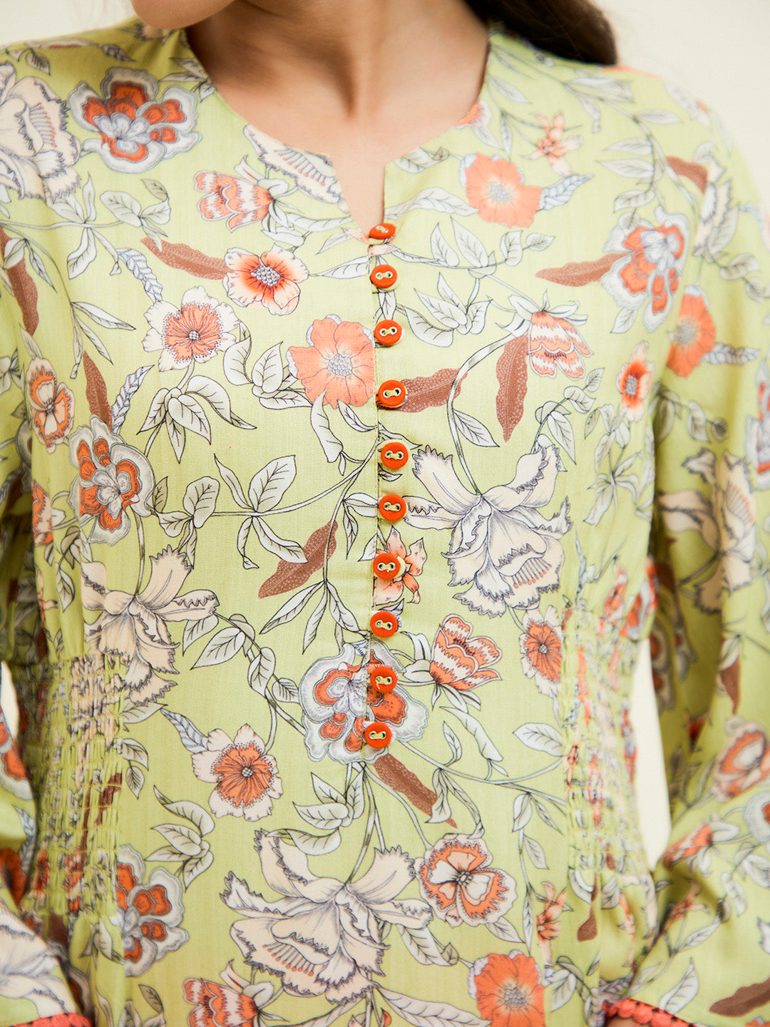 Lime Green Floral Flared Kurta