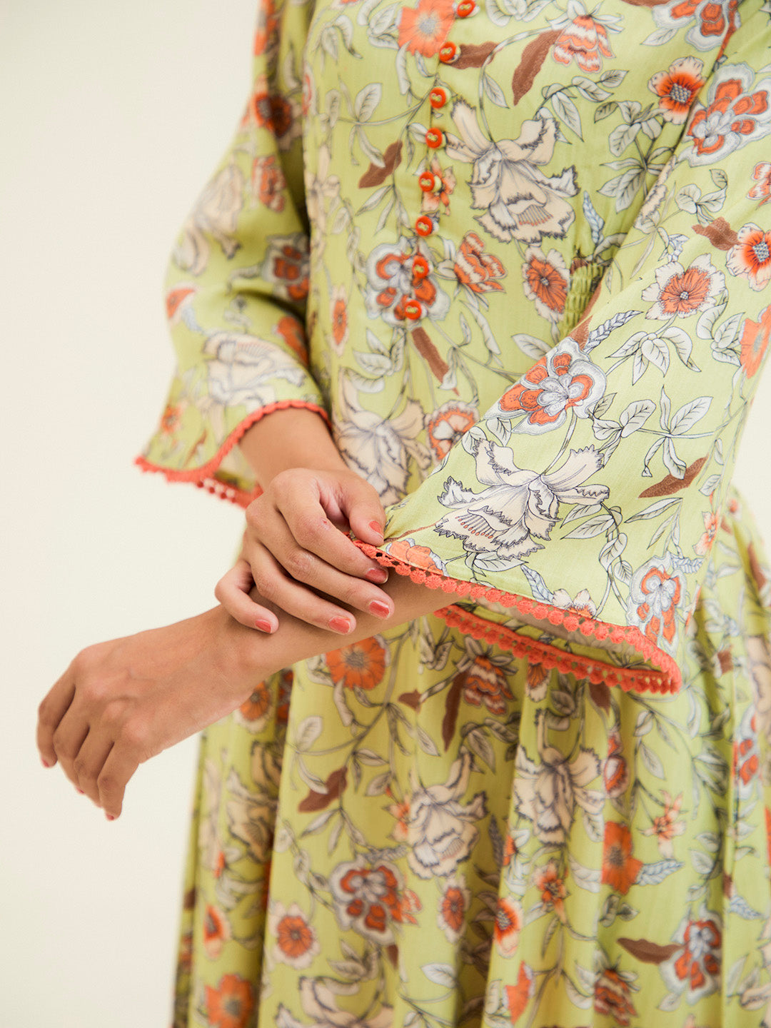 Lime Green Floral Flared Kurta
