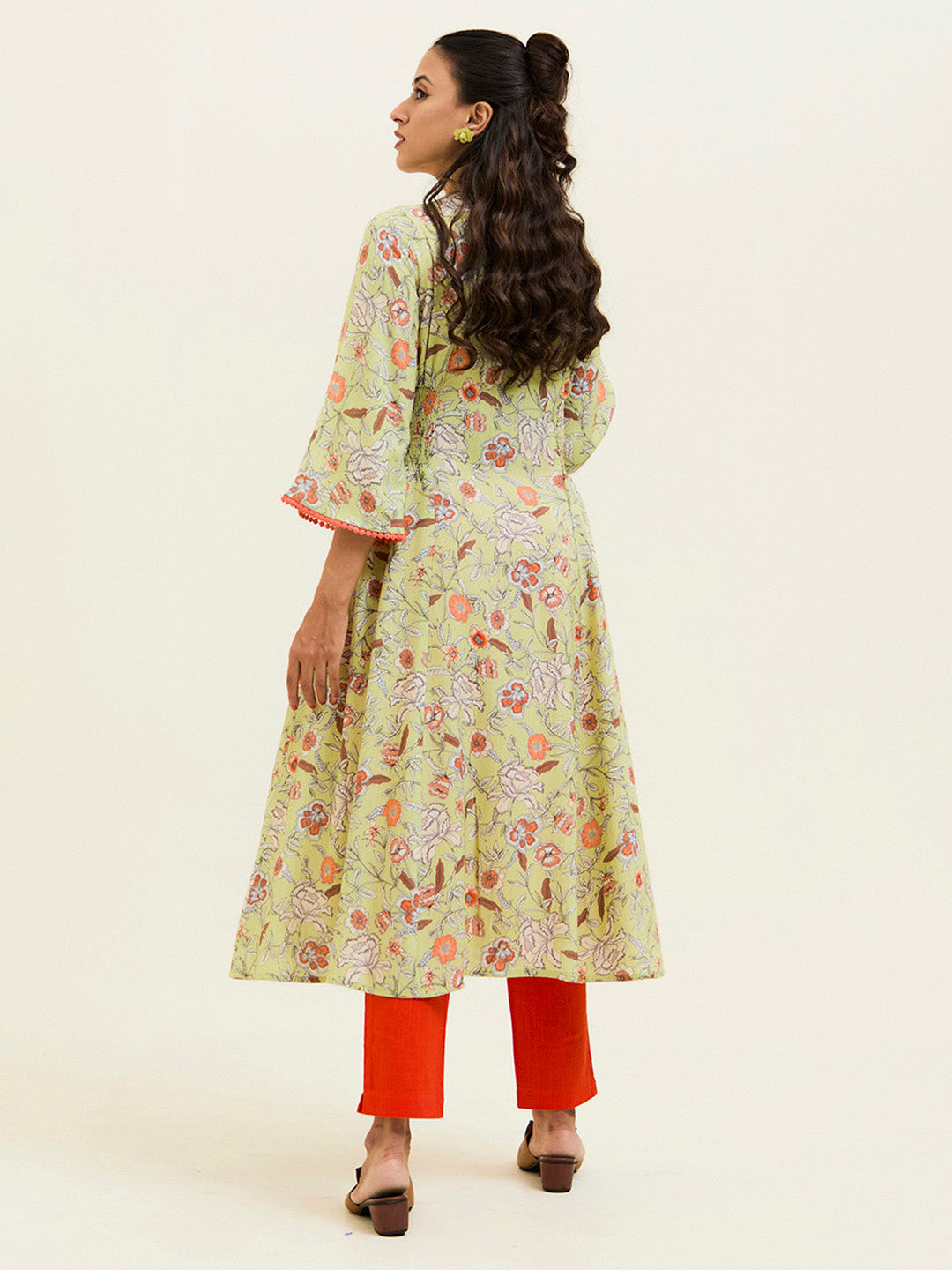 Lime Green Floral Flared Kurta