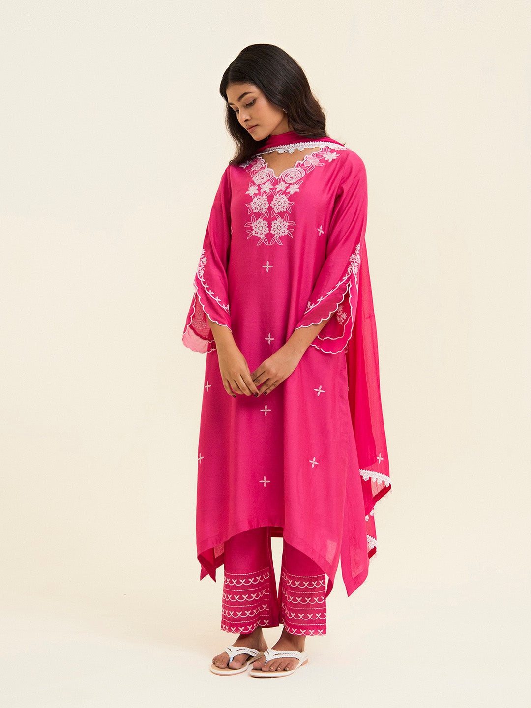 Fuchsia Resham Embroidered Kurta With Palazzo And Dupatta