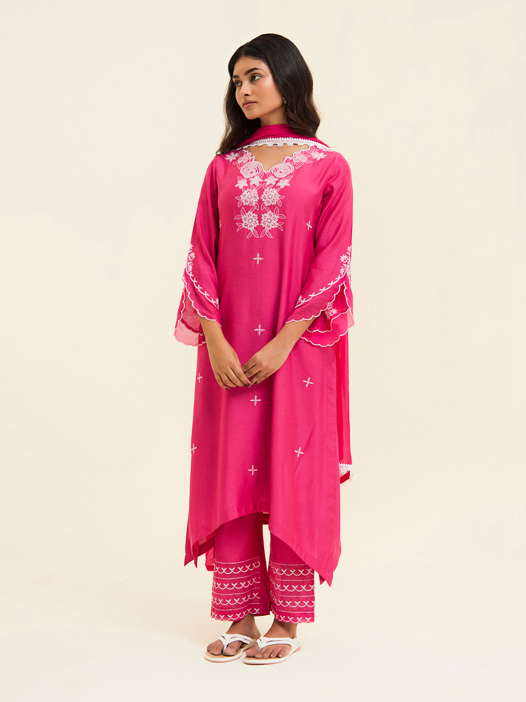 Fuchsia Resham Embroidered Kurta With Palazzo And Dupatta