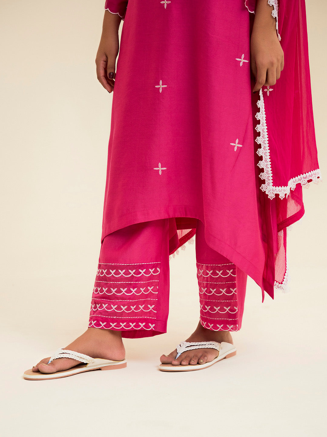 Fuchsia Resham Embroidered Kurta With Palazzo And Dupatta