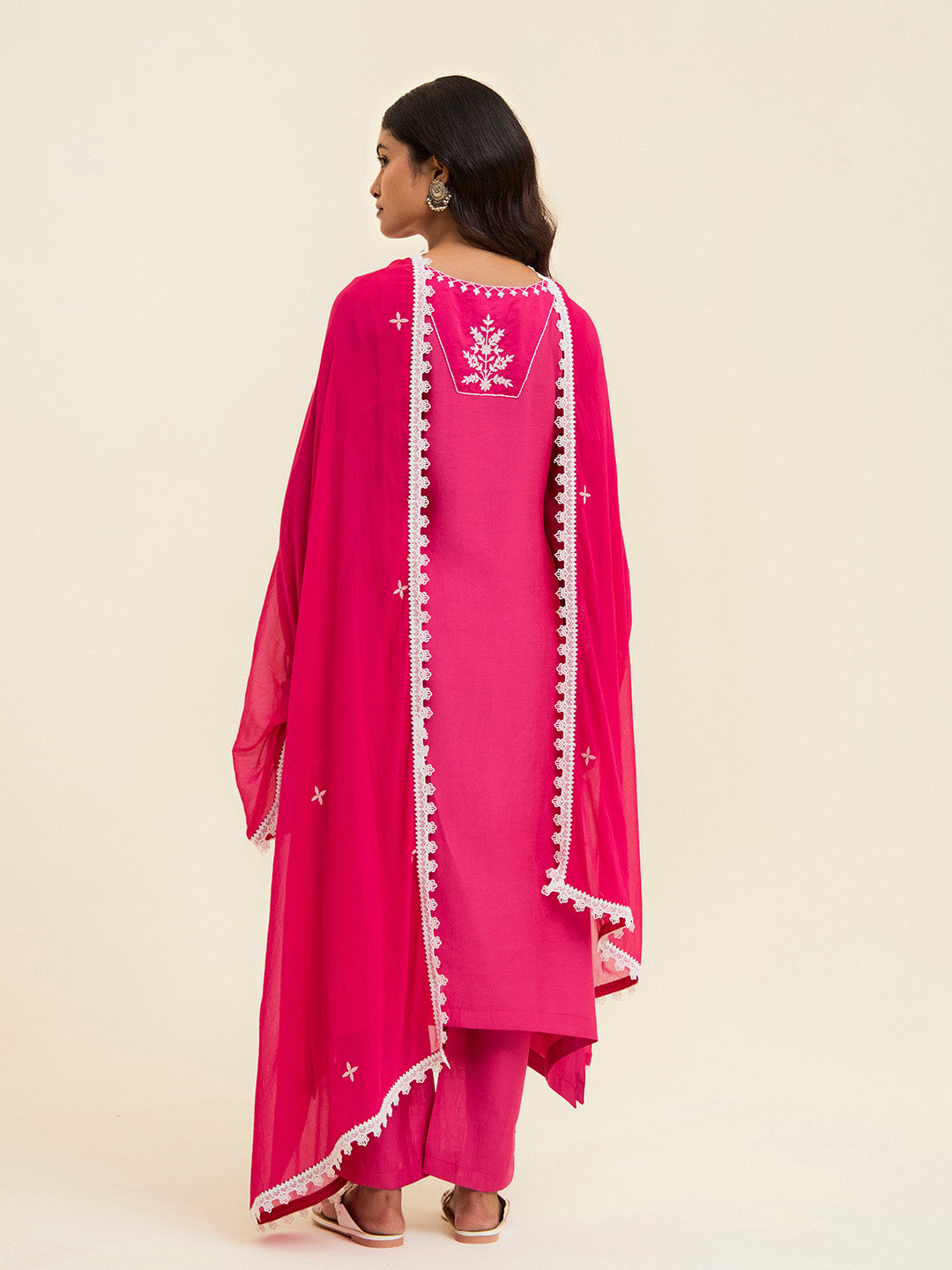 Fuchsia Resham Embroidered Kurta With Palazzo And Dupatta