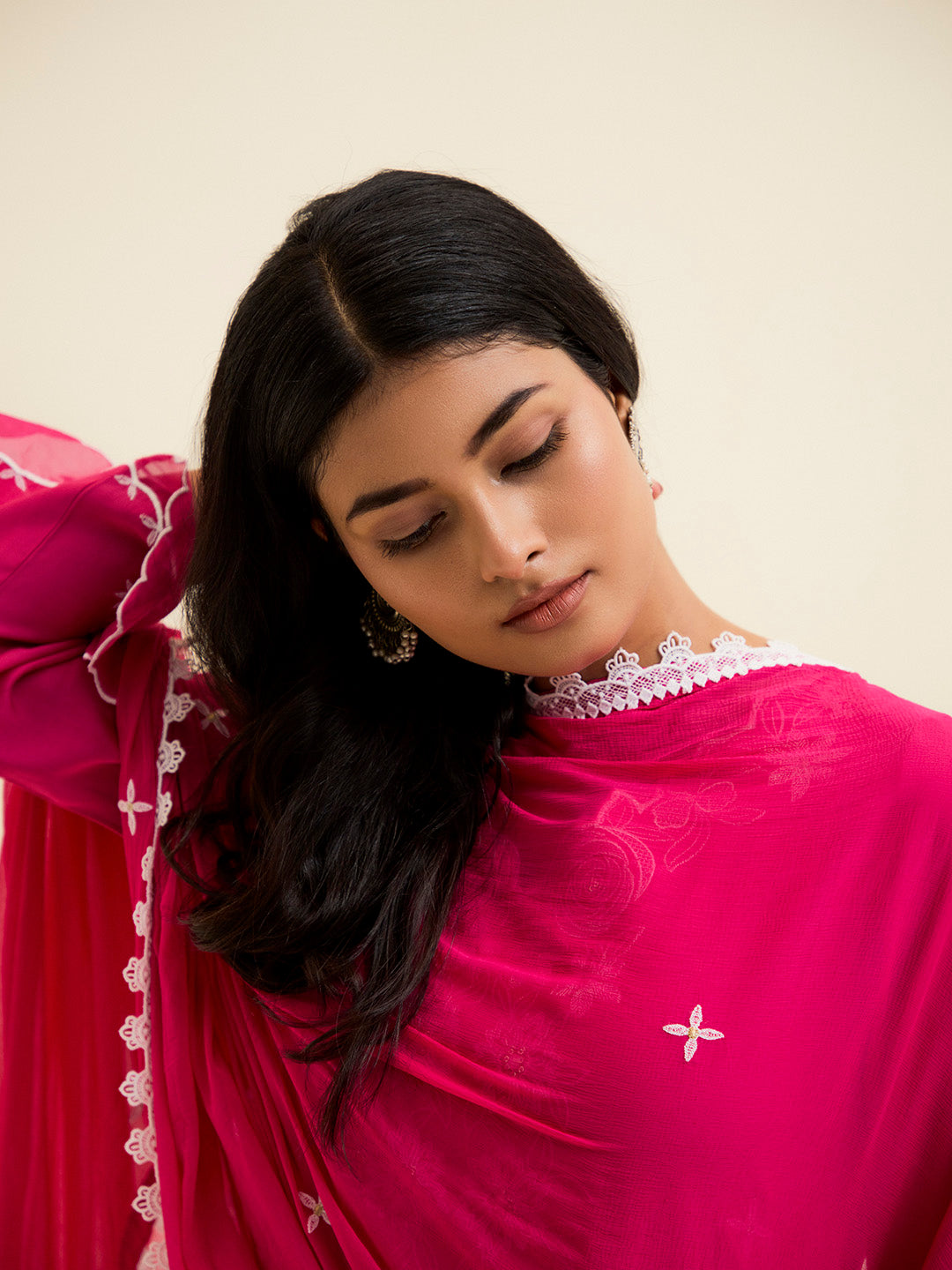 Fuchsia Resham Embroidered Kurta With Palazzo And Dupatta