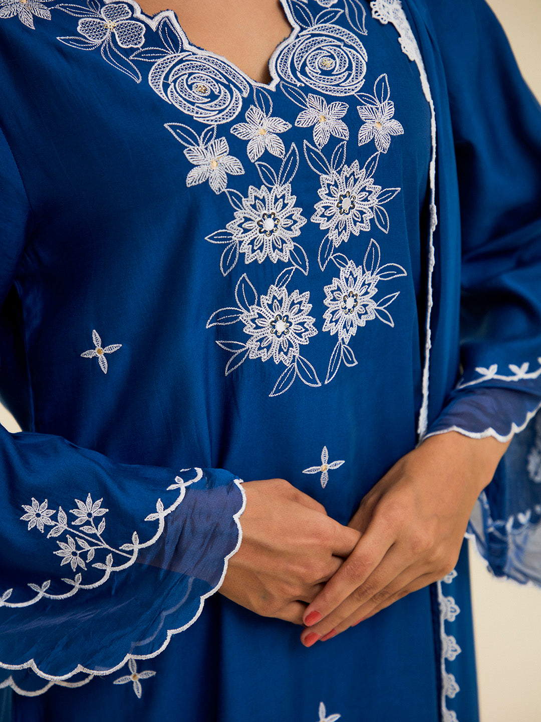 Cobalt Blue Resham Embroidered Kurta With Palazzo And Dupatta