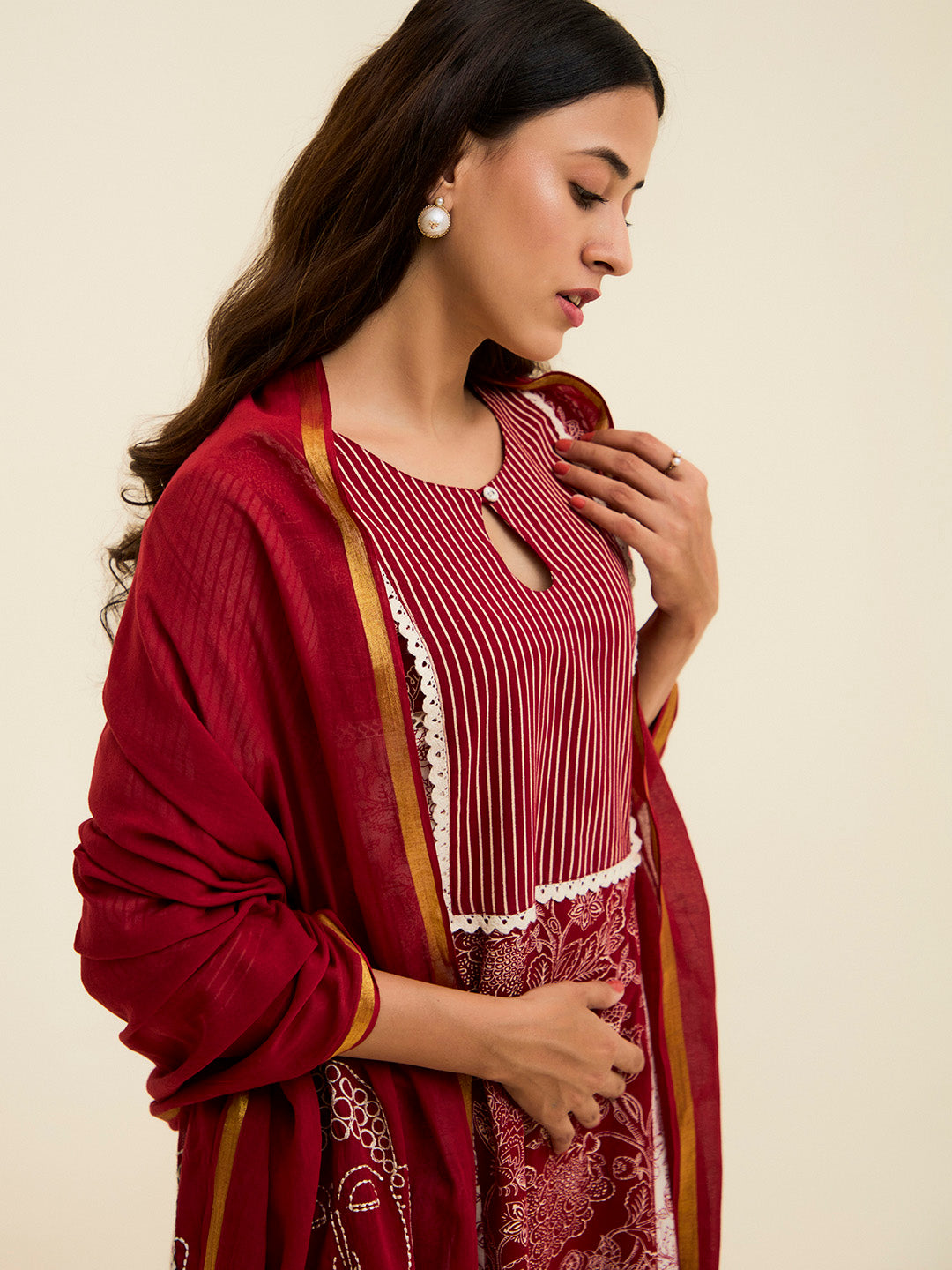 Maroon Handblock Printed Buddha Embroidered Suit Set