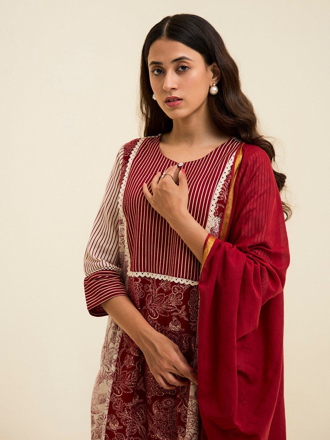 Maroon Handblock Printed Buddha Embroidered Suit Set