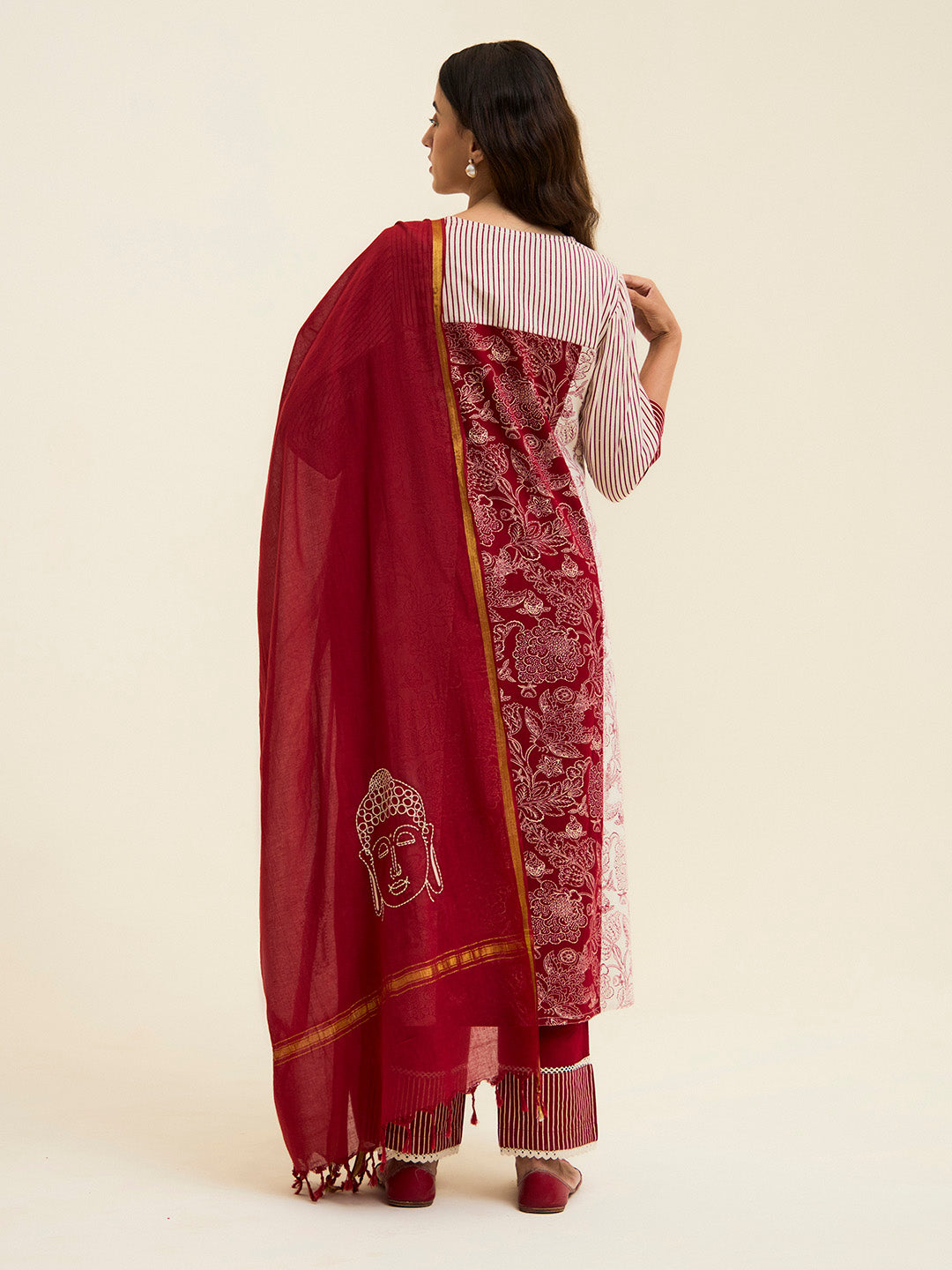Maroon Handblock Printed Buddha Embroidered Suit Set