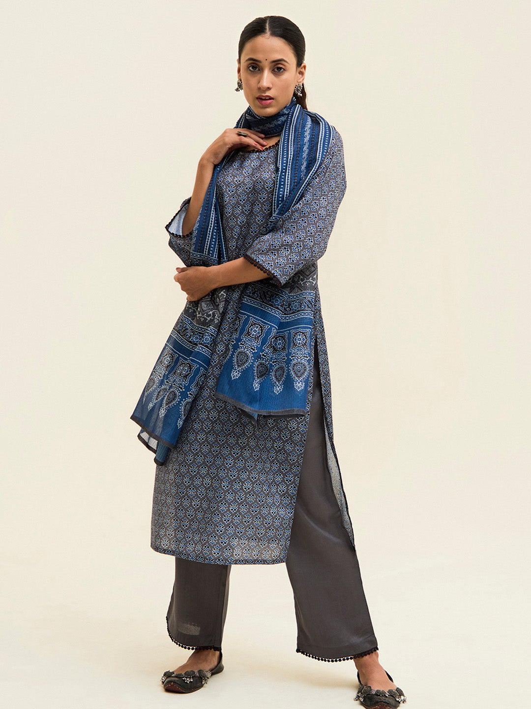 Grey Digital Printed Cotton Suit Set