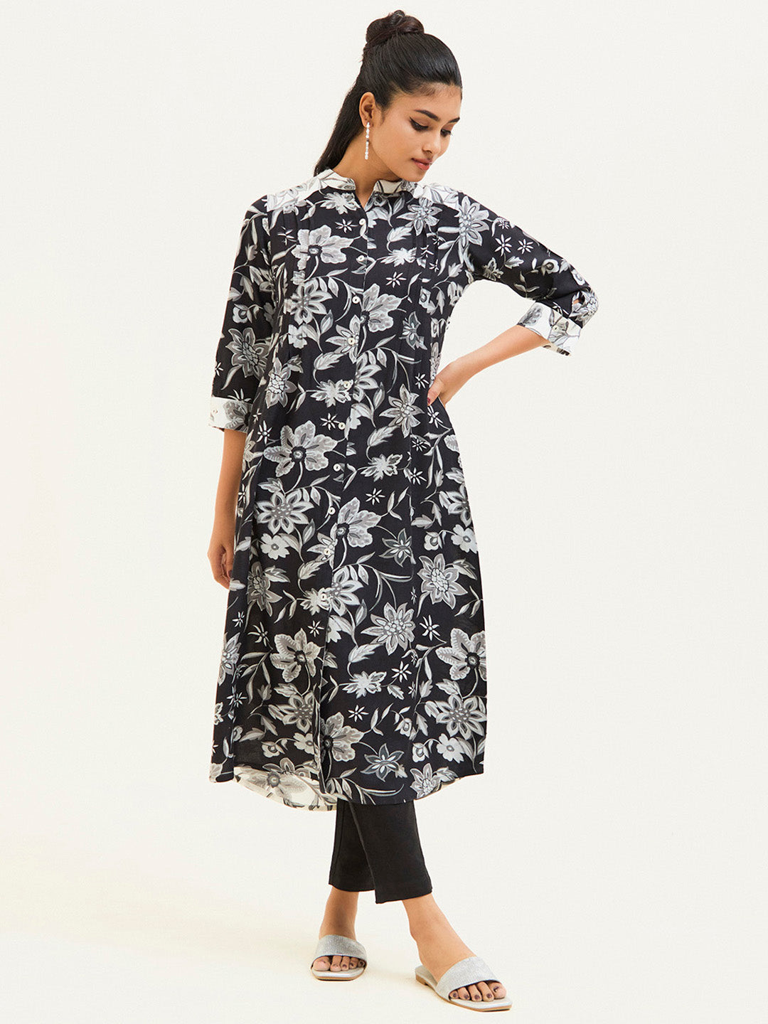Black Floral Printed A-line Viscose Rayon Kurta
