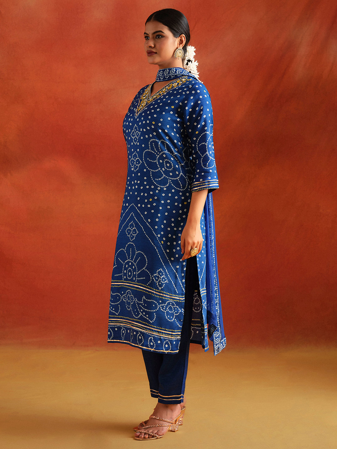 Blue Bandhani Printed Festive Kurta Set With Dupatta