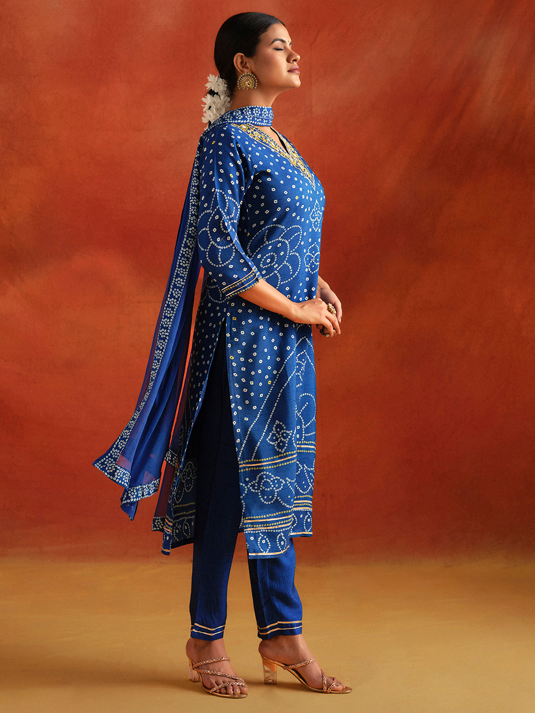 Blue Bandhani Printed Festive Kurta Set With Dupatta