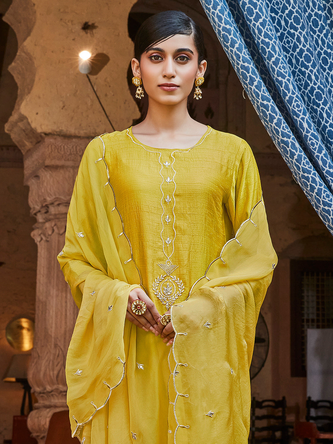 Mustard Straight Solid Embroidered Silk Kurta With Palazzo And Organza Dupatta