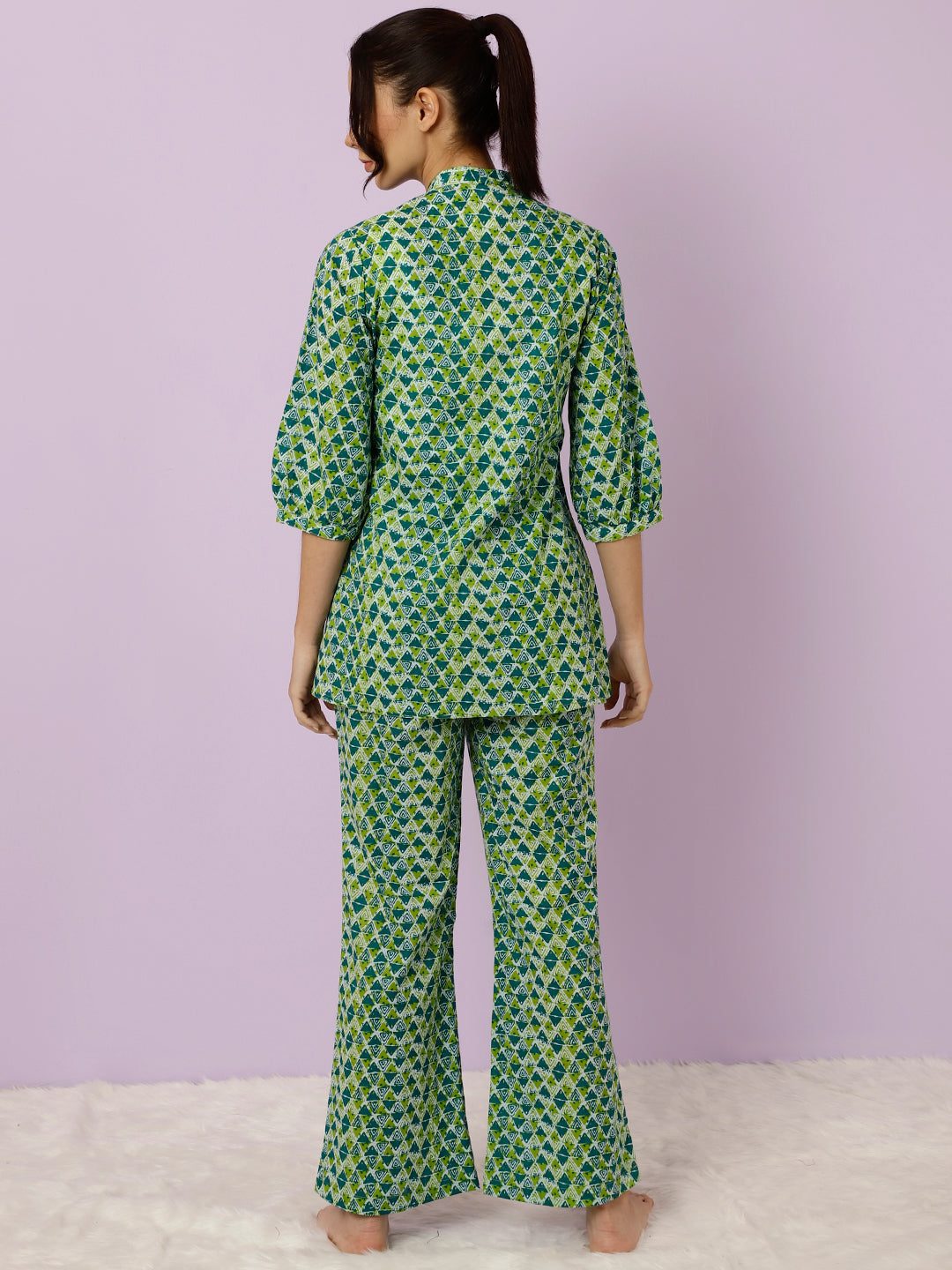 Green Geometric Printed Kurta With Palazzo Loungewear