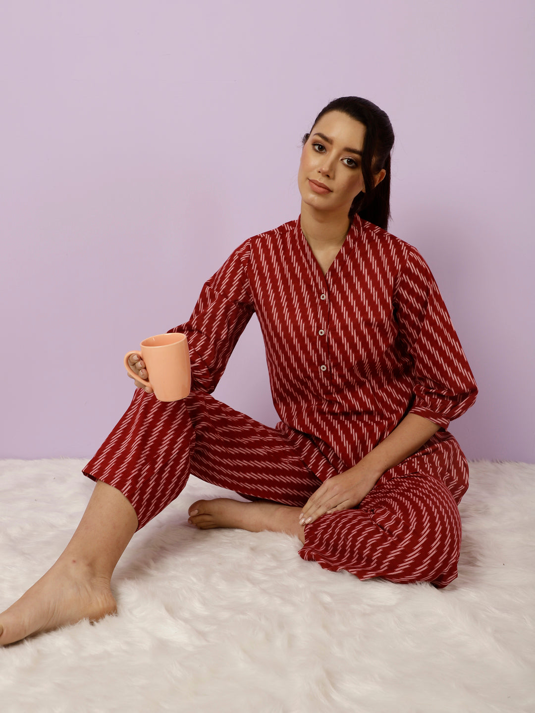 Maroon Geometric Printed Kurta With Palazzo Loungewear
