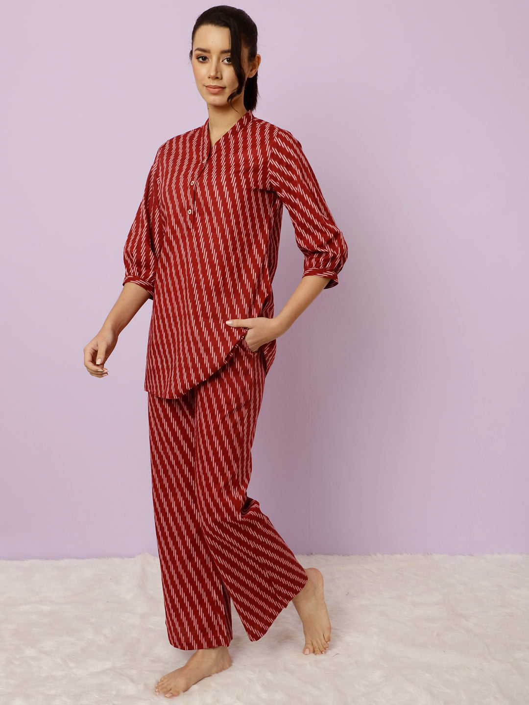 Maroon Geometric Printed Kurta With Palazzo Loungewear