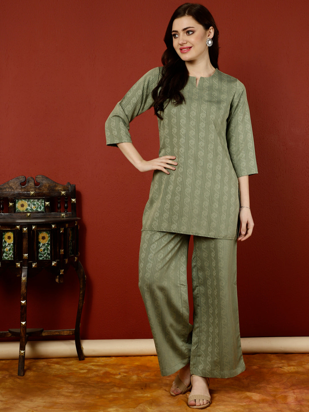 Olive Green Short Kurta With Palazzo Loungewear