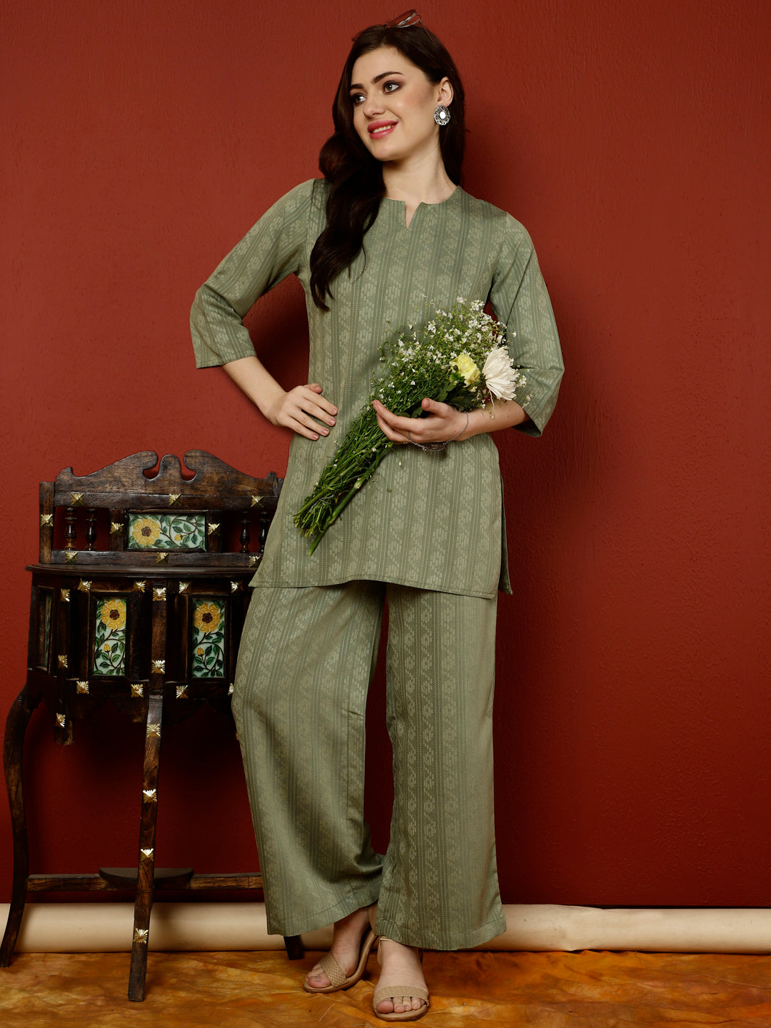 Olive Green Short Kurta With Palazzo Loungewear
